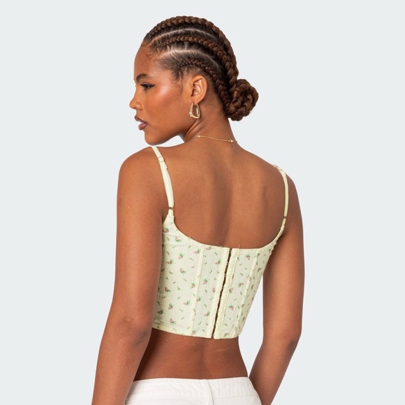 ✨3/$20 Edikted Rosey Printed Pointelle Corset Top pale yellow - Picture 2 of 5